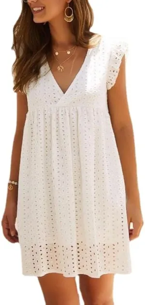 Women's Summer Dress Casual Eyelet V Neck Mini Short Dress Ruffle Sleeveless Babydoll Sundress