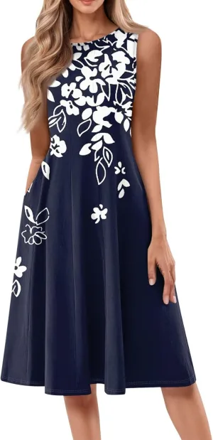 Womens Summer Dresses 2025 Sleeveless Maxi Dress Crewneck Casual Flowy Beach Sundresses with Pockets Vacation Travel