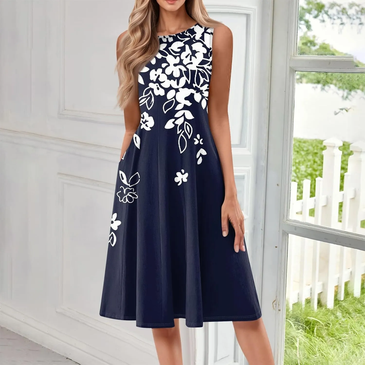 Womens Summer Dresses 2025 Sleeveless Maxi Dress Crewneck Casual Flowy Beach Sundresses with Pockets Vacation Travel