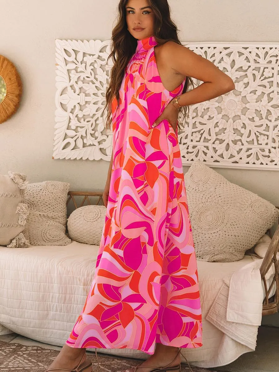 Women's Summer Floral Print Maxi Dress Halter Mock Neck Sleeveless Sundress Loose Fit Beach Dresses with Pockets