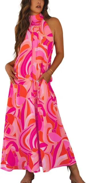 Women's Summer Floral Print Maxi Dress Halter Mock Neck Sleeveless Sundress Loose Fit Beach Dresses with Pockets