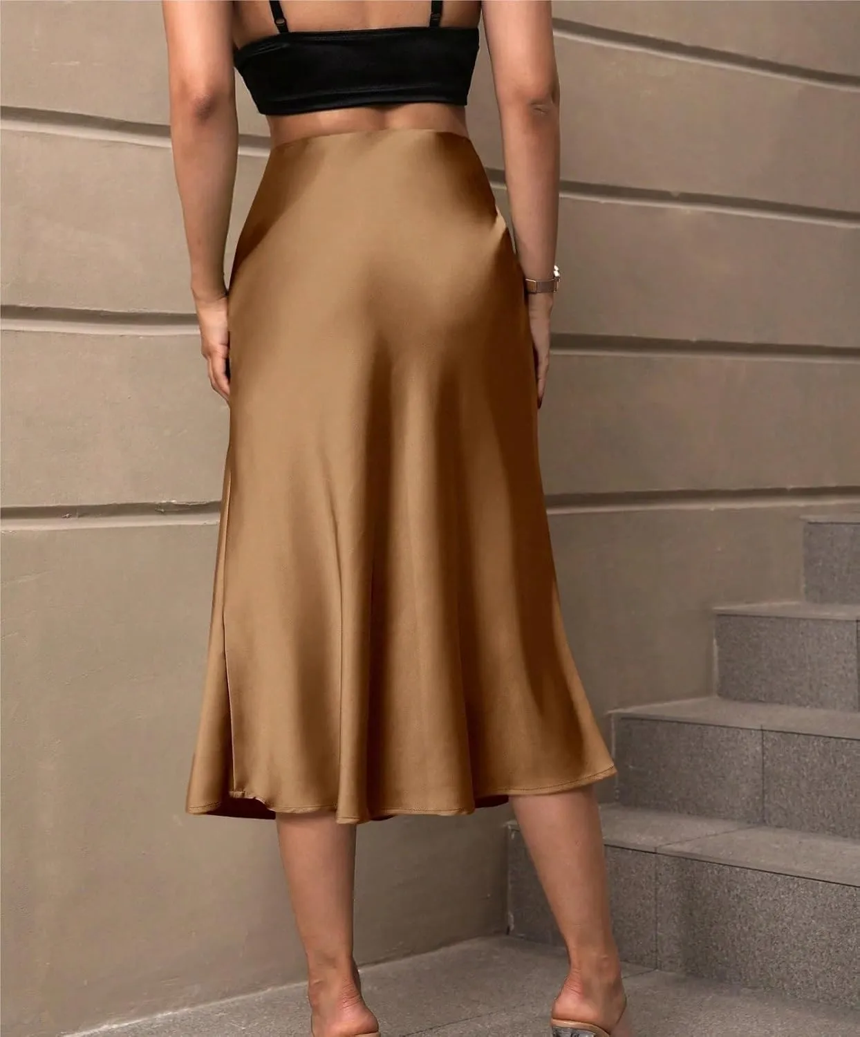 Womens Summer Flowy Skirt Dress Solid Zipper Side Satin Midi Skirt