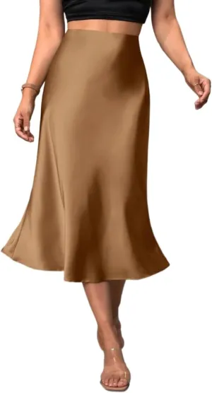 Womens Summer Flowy Skirt Dress Solid Zipper Side Satin Midi Skirt