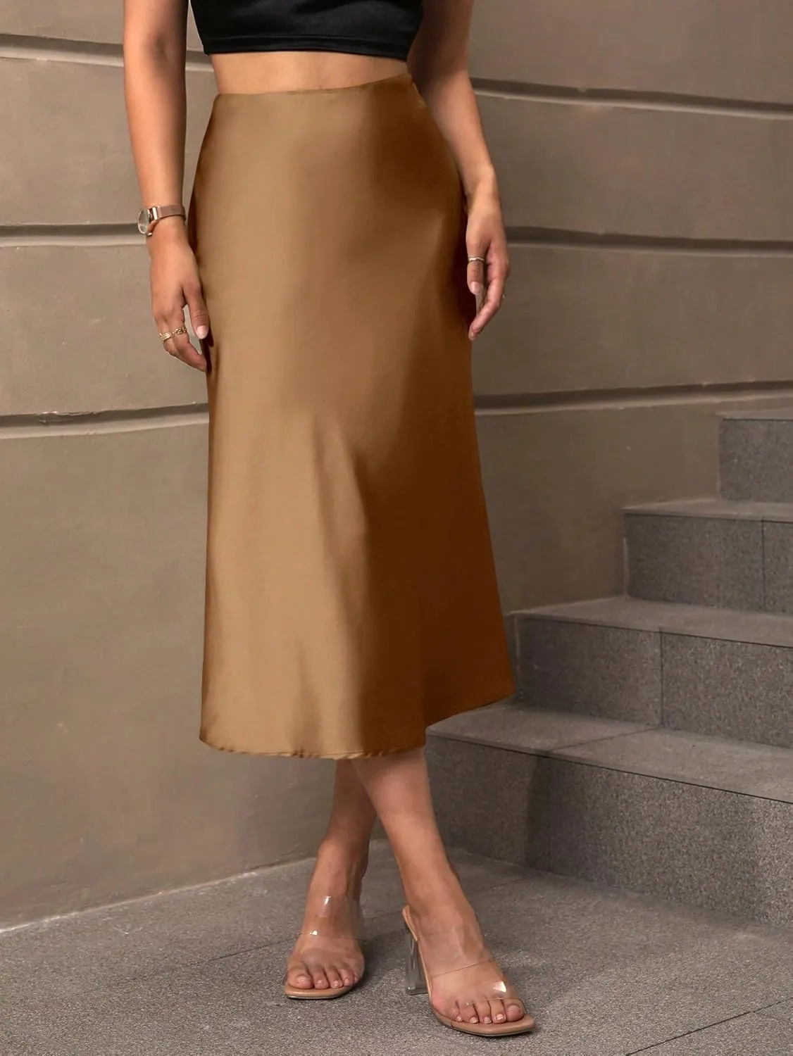 Womens Summer Flowy Skirt Dress Solid Zipper Side Satin Midi Skirt