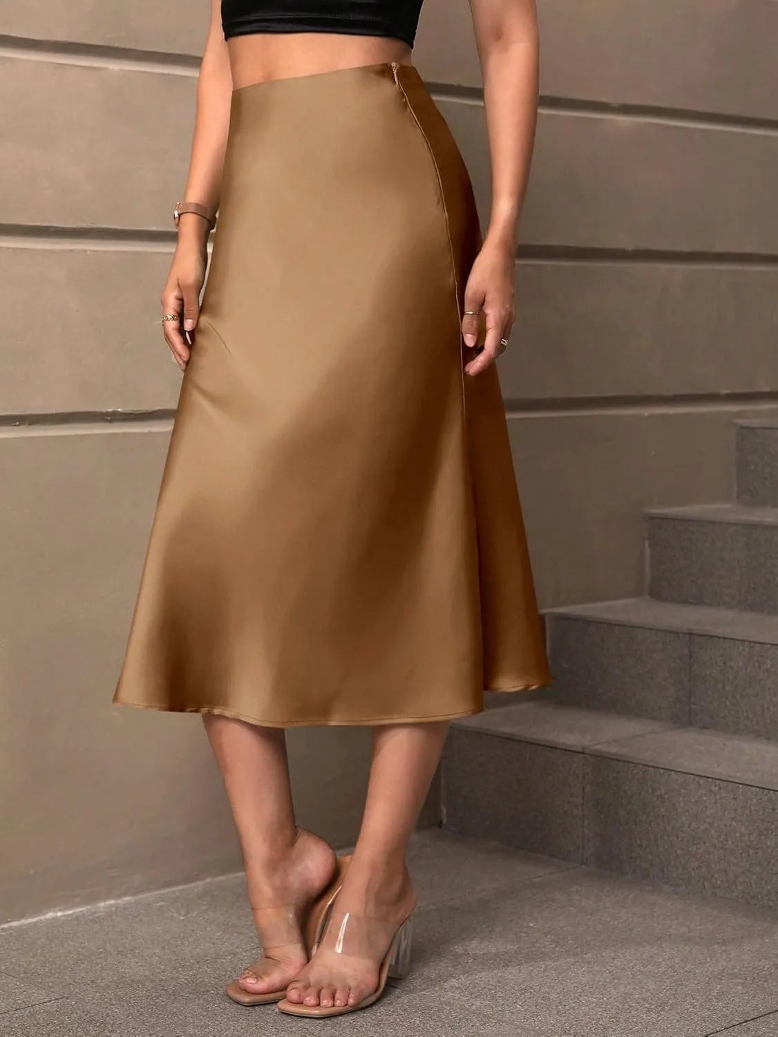 Womens Summer Flowy Skirt Dress Solid Zipper Side Satin Midi Skirt