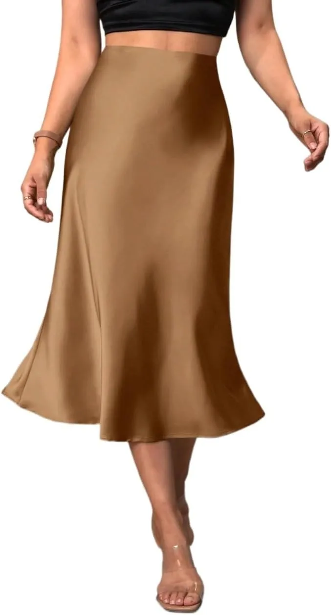 Womens Summer Flowy Skirt Dress Solid Zipper Side Satin Midi Skirt