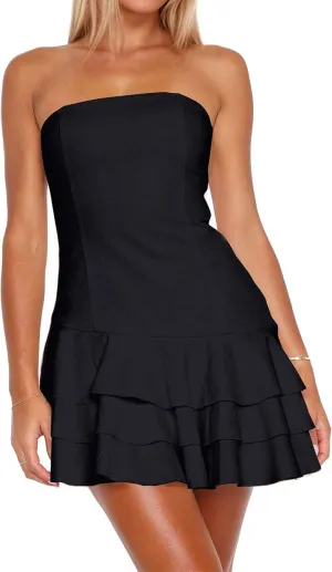 Womens Summer Sexy Strapless Tube Dress Flowy Ruffle Layer Mini Dress Off Shoulder Backless Tiered Short Dresses 2025