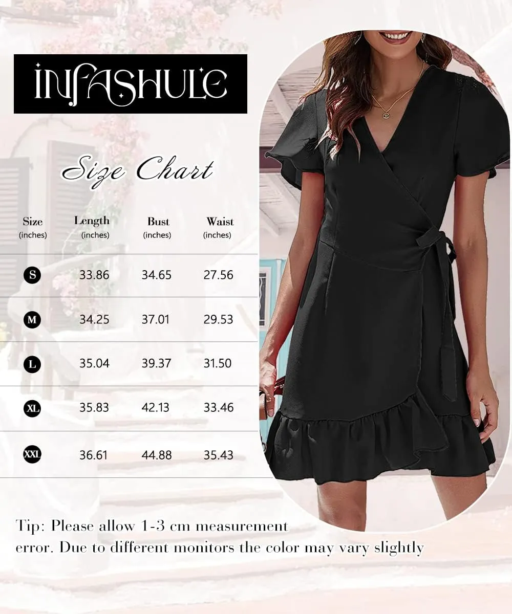 Women's Summer Wrap V Neck Dress Short Sleeve Floral Print Ruffle Boho Tiered Mini Swing Dresses with Belt