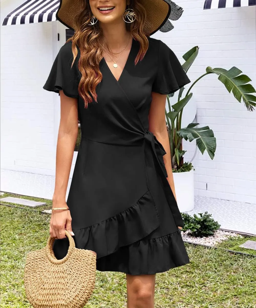 Women's Summer Wrap V Neck Dress Short Sleeve Floral Print Ruffle Boho Tiered Mini Swing Dresses with Belt