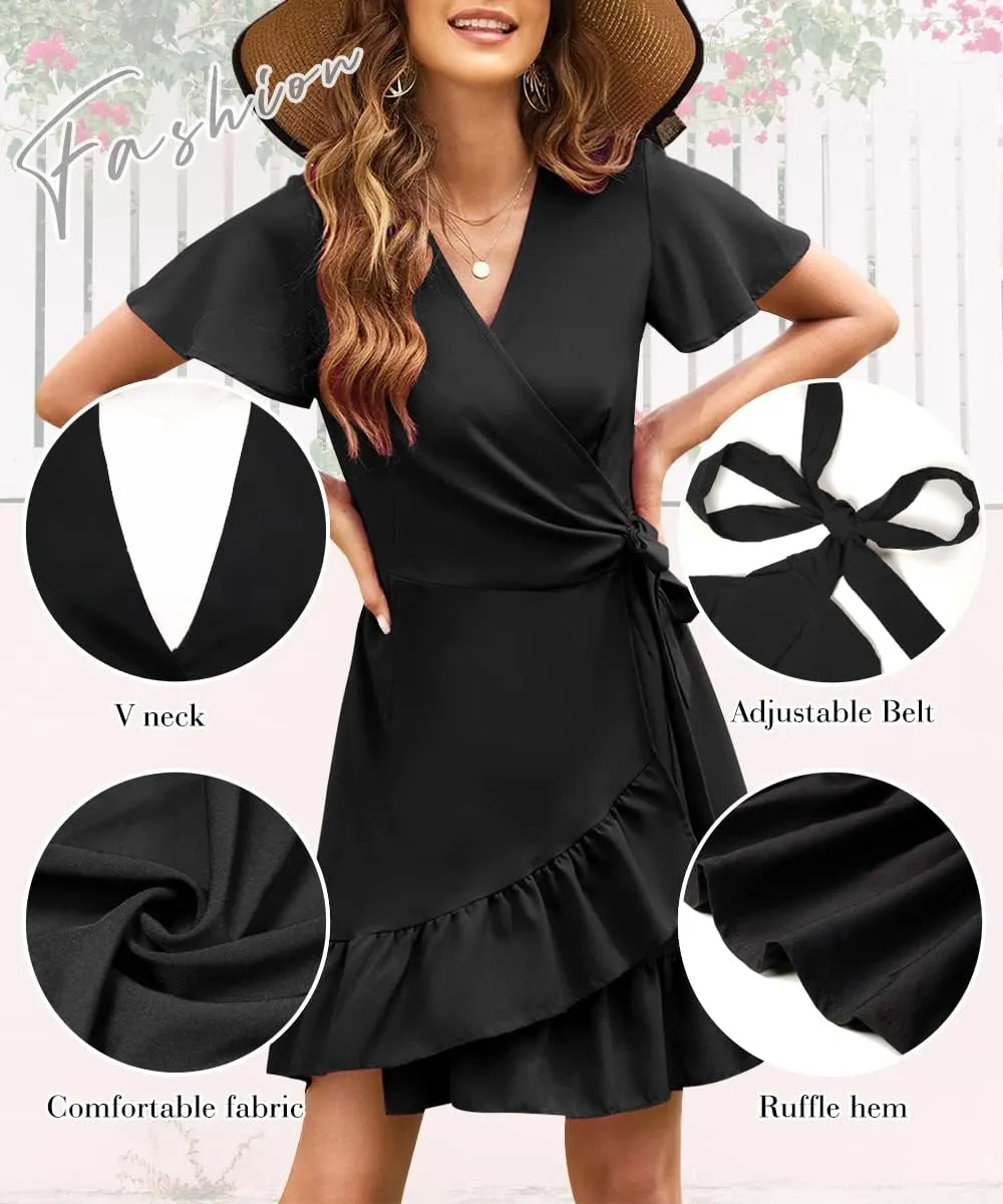 Women's Summer Wrap V Neck Dress Short Sleeve Floral Print Ruffle Boho Tiered Mini Swing Dresses with Belt