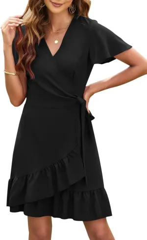 Women's Summer Wrap V Neck Dress Short Sleeve Floral Print Ruffle Boho Tiered Mini Swing Dresses with Belt