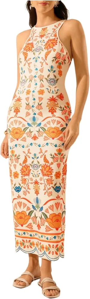 Women's Tropical Bodycon Tank Dress Elegant Summer Vacation Crewneck Split Thigh Long Maxi Dress Boho Sundress