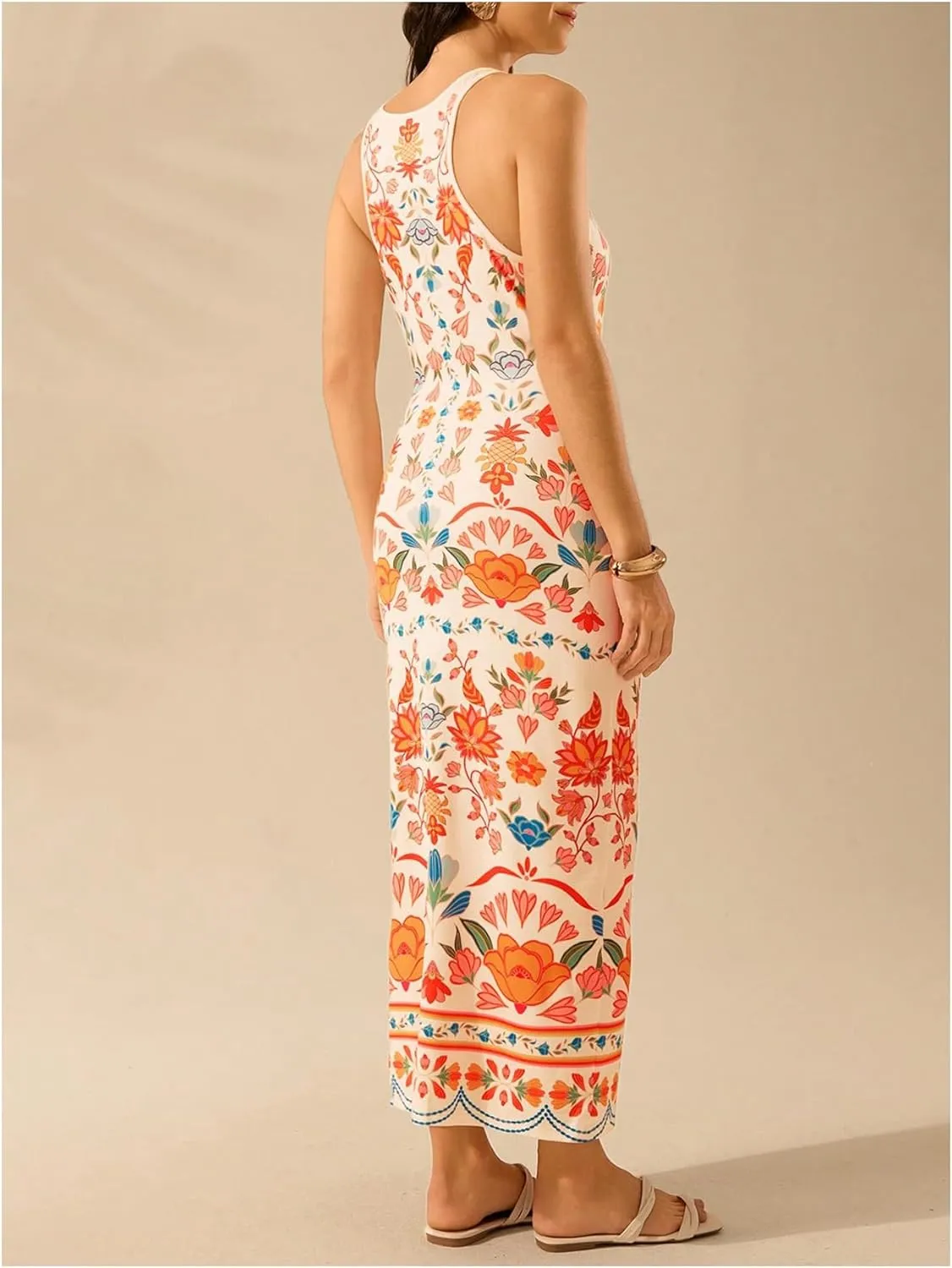 Women's Tropical Bodycon Tank Dress Elegant Summer Vacation Crewneck Split Thigh Long Maxi Dress Boho Sundress