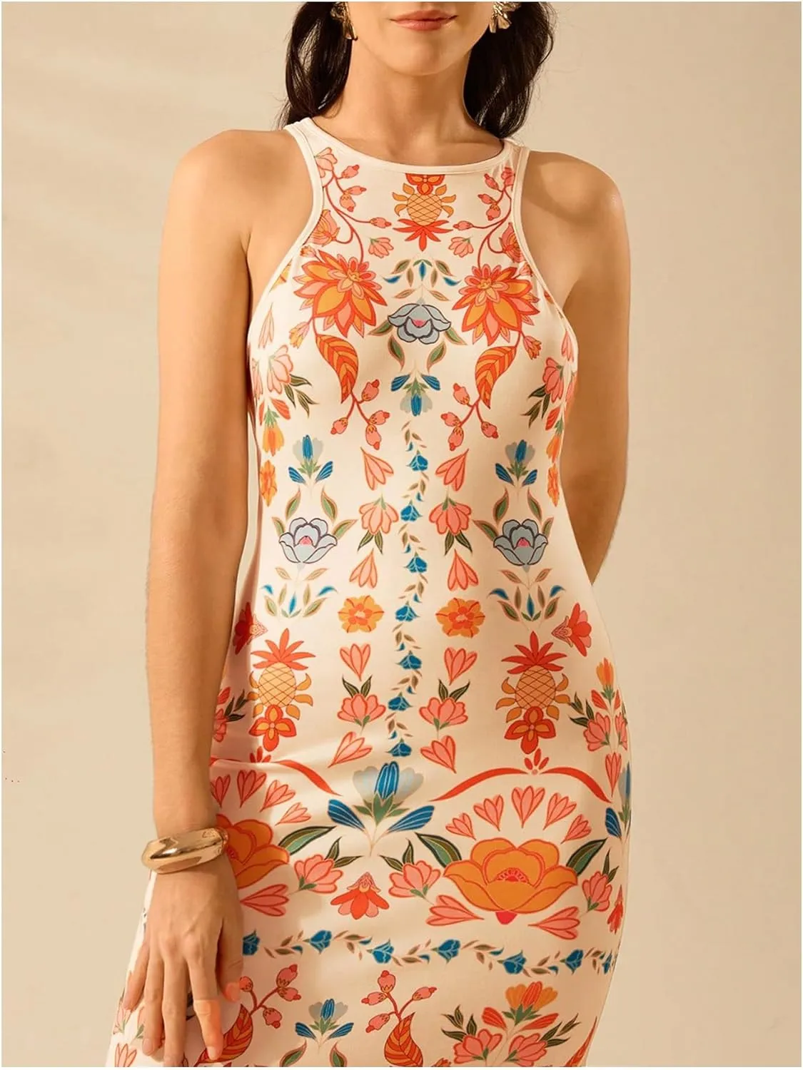 Women's Tropical Bodycon Tank Dress Elegant Summer Vacation Crewneck Split Thigh Long Maxi Dress Boho Sundress