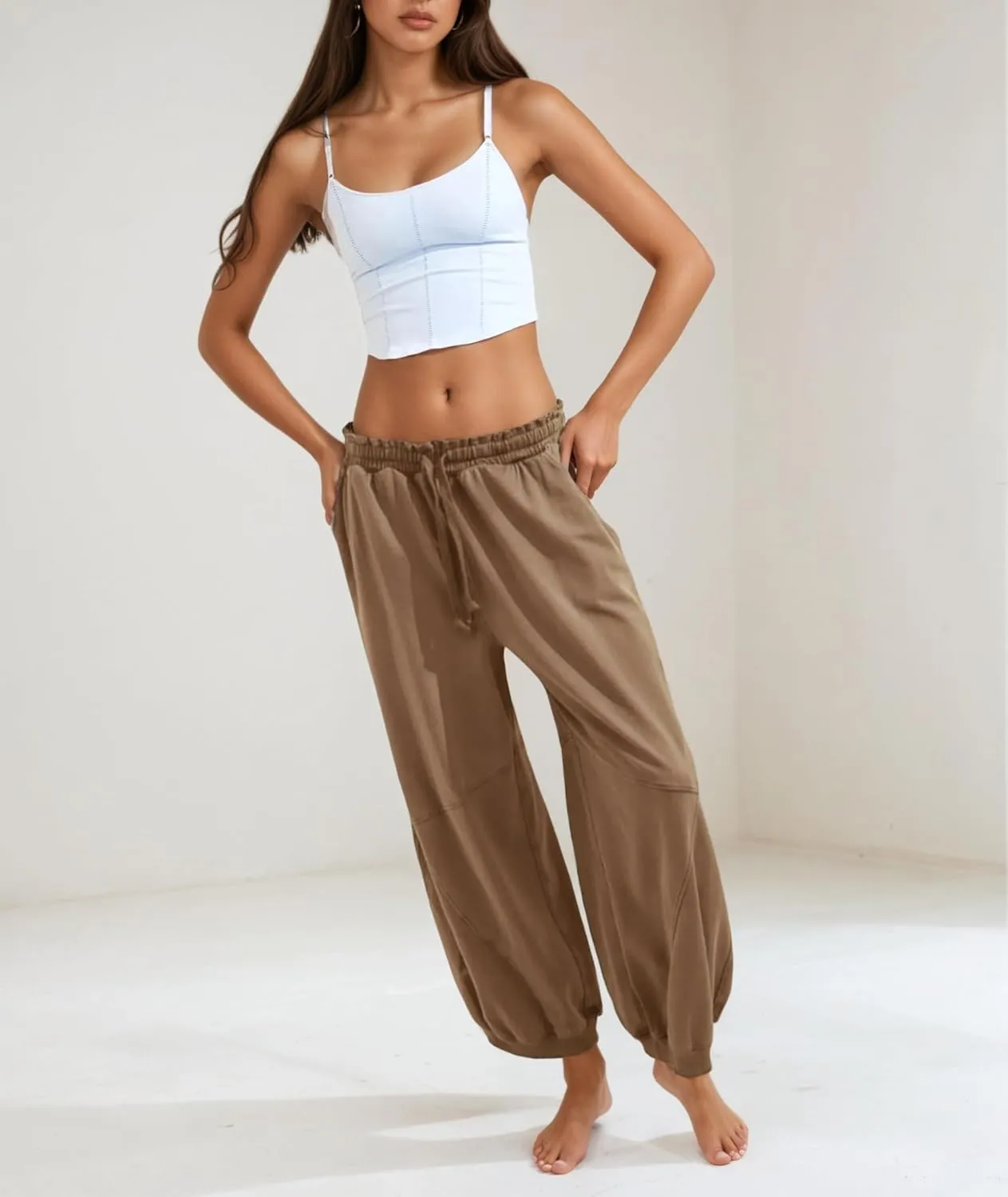 Women's Wide Leg Pants Casual Elastic Wasited Baggy Trouser Slacks Beach Palazzo Harem Pants with Pockets