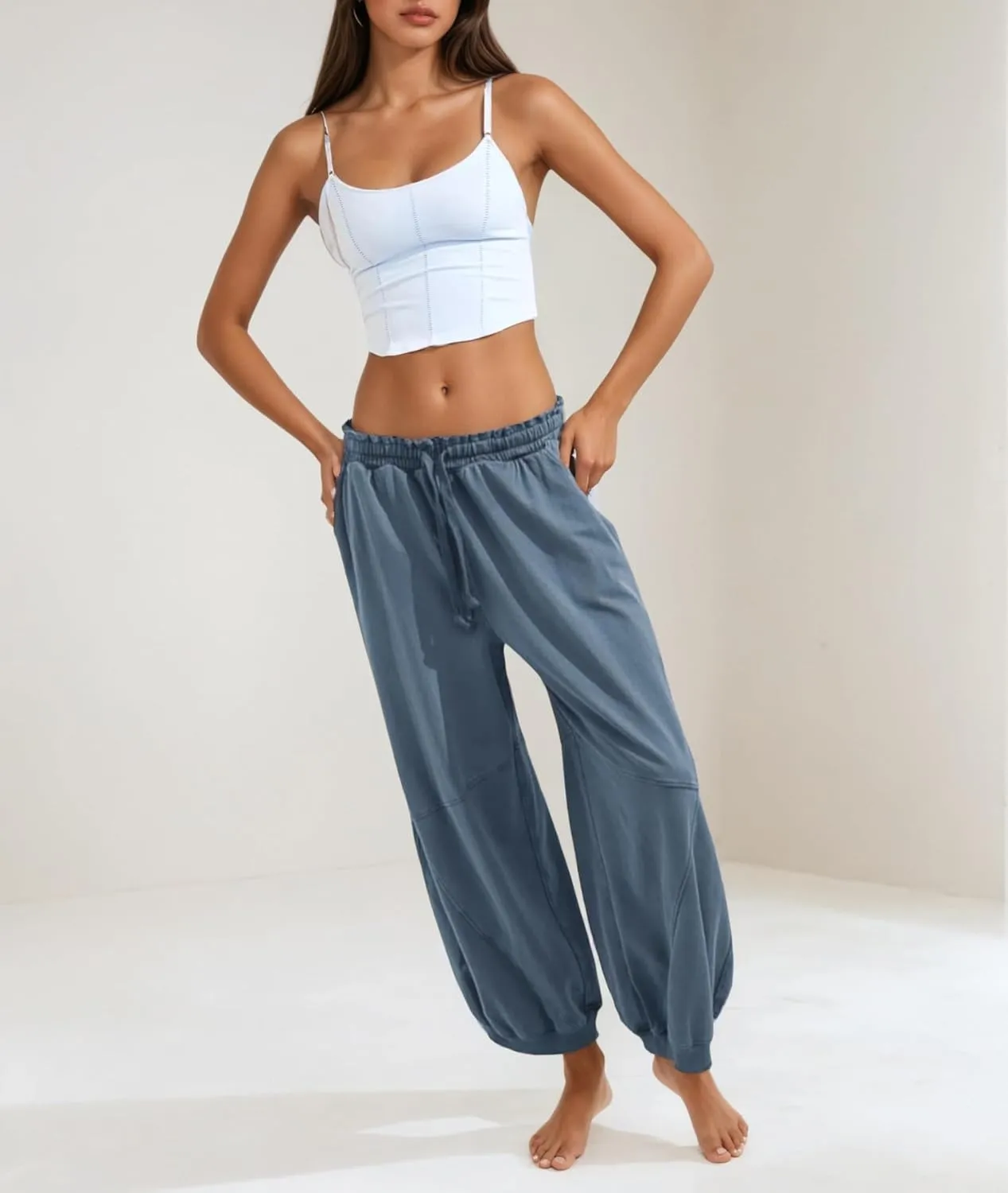 Women's Wide Leg Pants Casual Elastic Wasited Baggy Trouser Slacks Beach Palazzo Harem Pants with Pockets