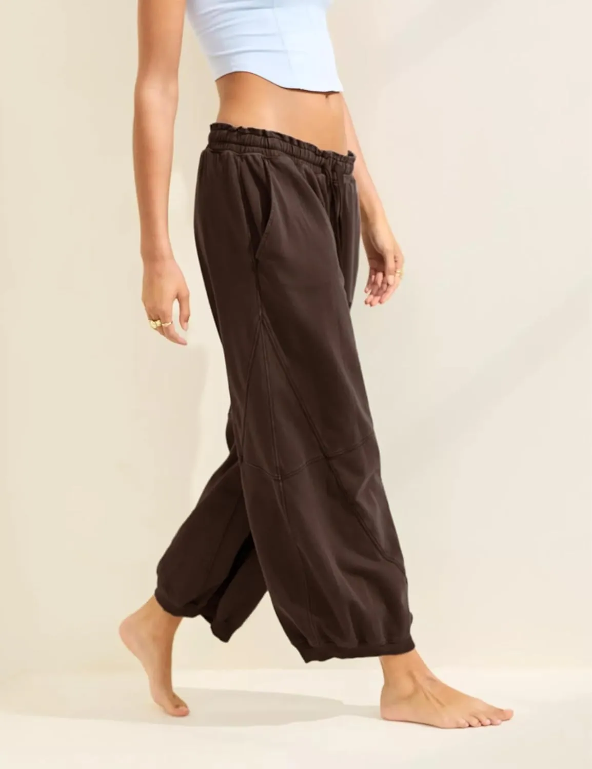 Women's Wide Leg Pants Casual Elastic Wasited Baggy Trouser Slacks Beach Palazzo Harem Pants with Pockets