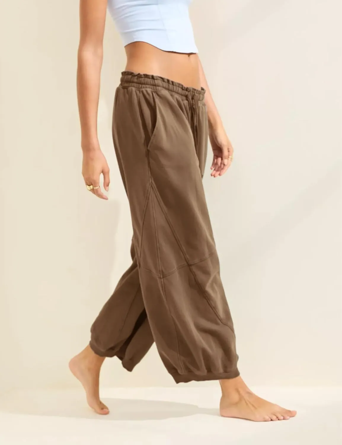 Women's Wide Leg Pants Casual Elastic Wasited Baggy Trouser Slacks Beach Palazzo Harem Pants with Pockets