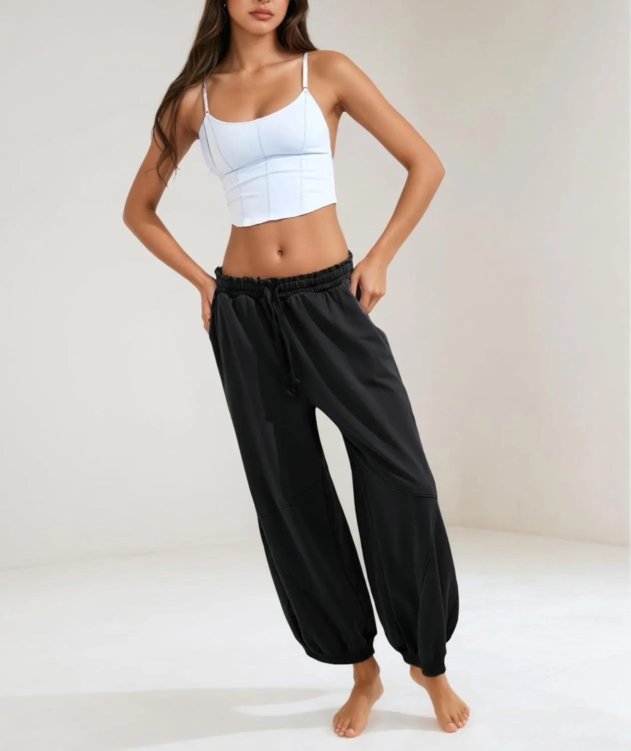 Women's Wide Leg Pants Casual Elastic Wasited Baggy Trouser Slacks Beach Palazzo Harem Pants with Pockets