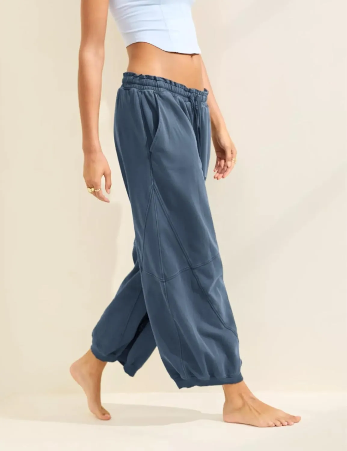 Women's Wide Leg Pants Casual Elastic Wasited Baggy Trouser Slacks Beach Palazzo Harem Pants with Pockets