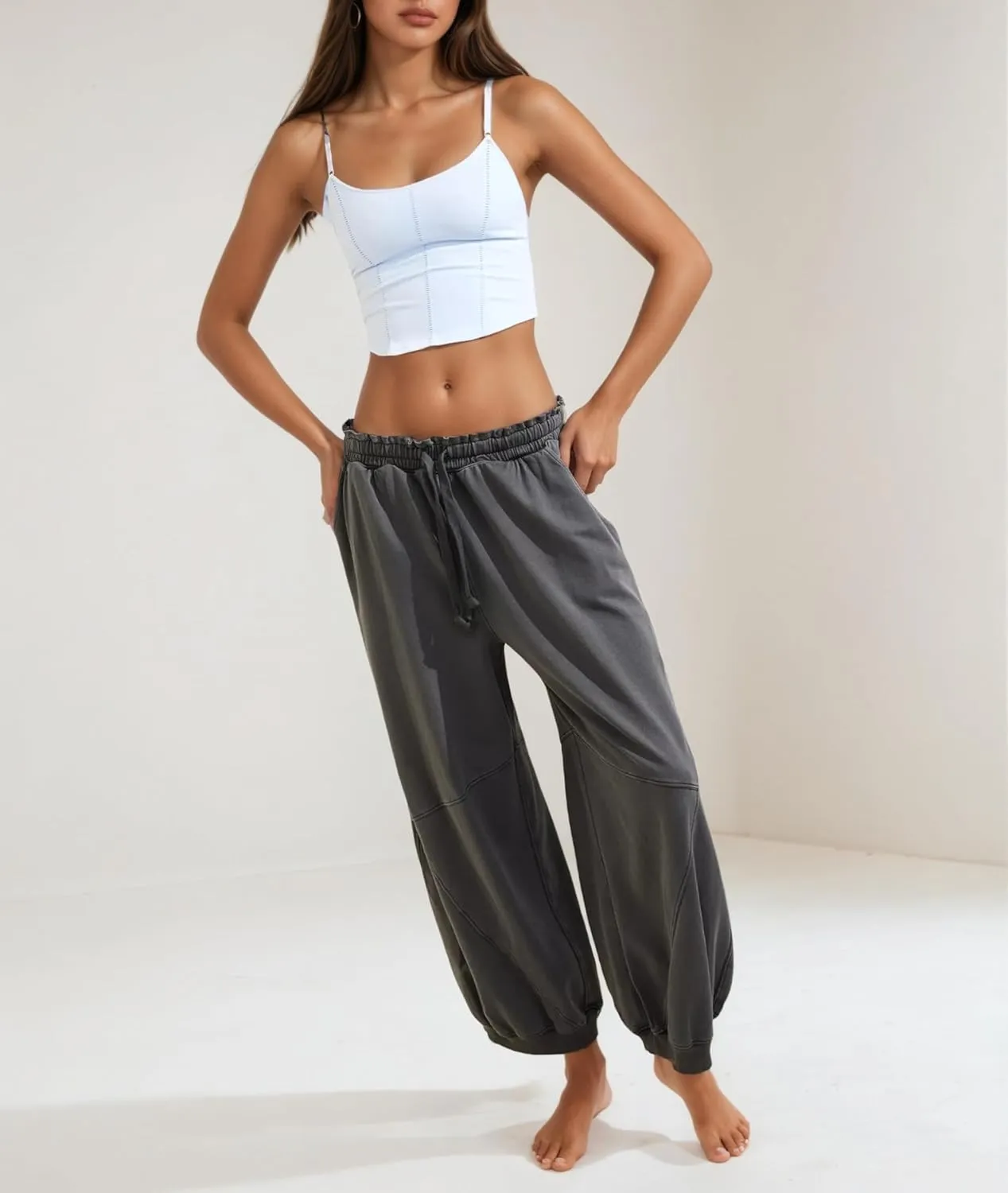 Women's Wide Leg Pants Casual Elastic Wasited Baggy Trouser Slacks Beach Palazzo Harem Pants with Pockets