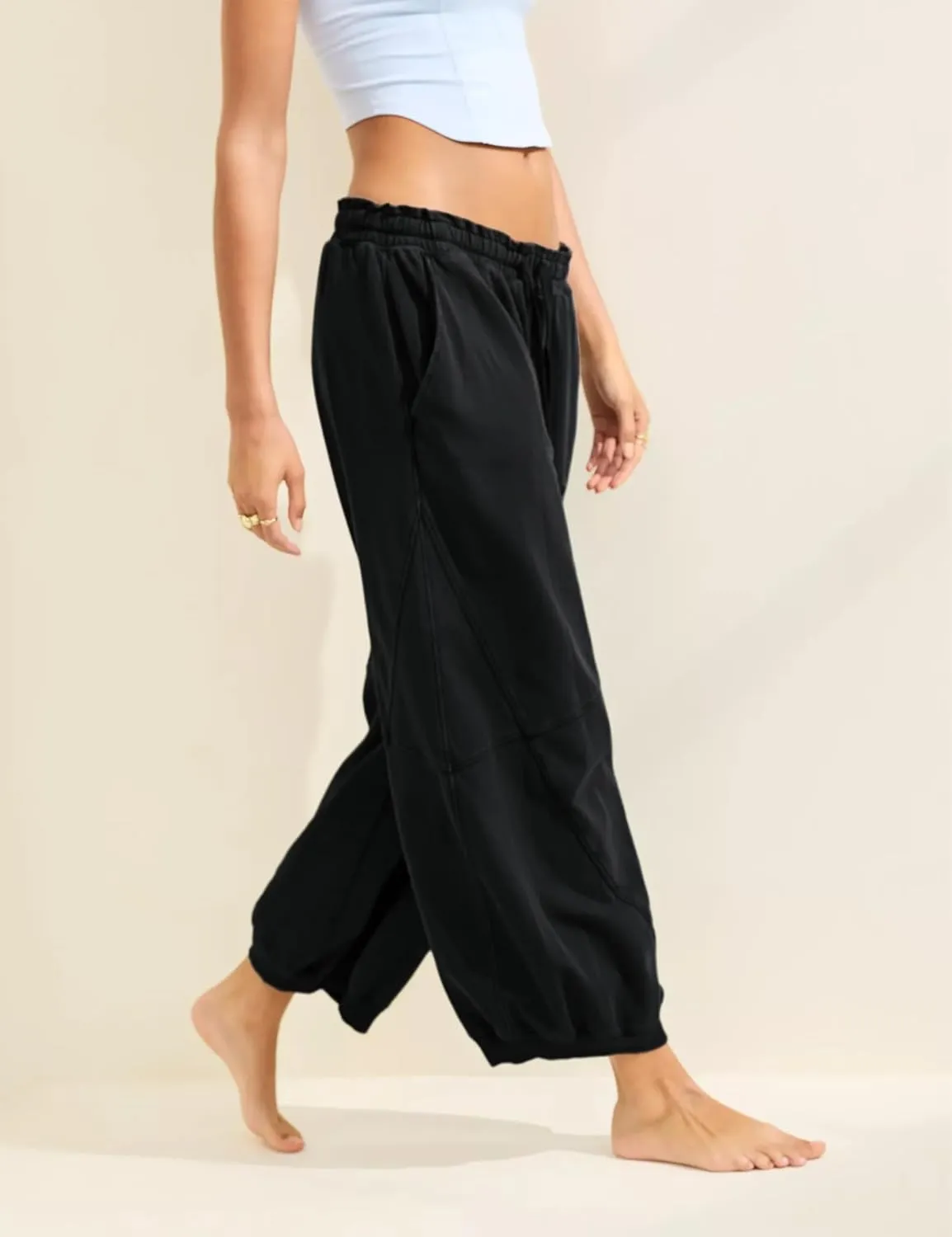Women's Wide Leg Pants Casual Elastic Wasited Baggy Trouser Slacks Beach Palazzo Harem Pants with Pockets