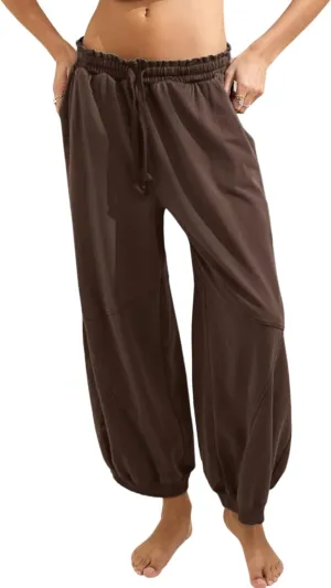 Women's Wide Leg Pants Casual Elastic Wasited Baggy Trouser Slacks Beach Palazzo Harem Pants with Pockets