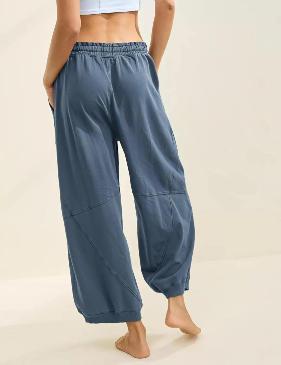 Women's Wide Leg Pants Casual Elastic Wasited Baggy Trouser Slacks Beach Palazzo Harem Pants with Pockets