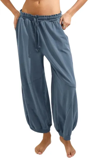 Women's Wide Leg Pants Casual Elastic Wasited Baggy Trouser Slacks Beach Palazzo Harem Pants with Pockets