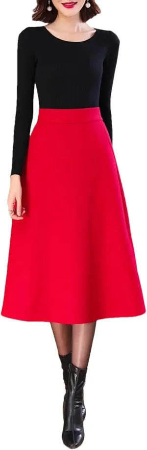 Woolen Skirt for Women's Midi Pleated Umbrella Office Knee Length Skirt