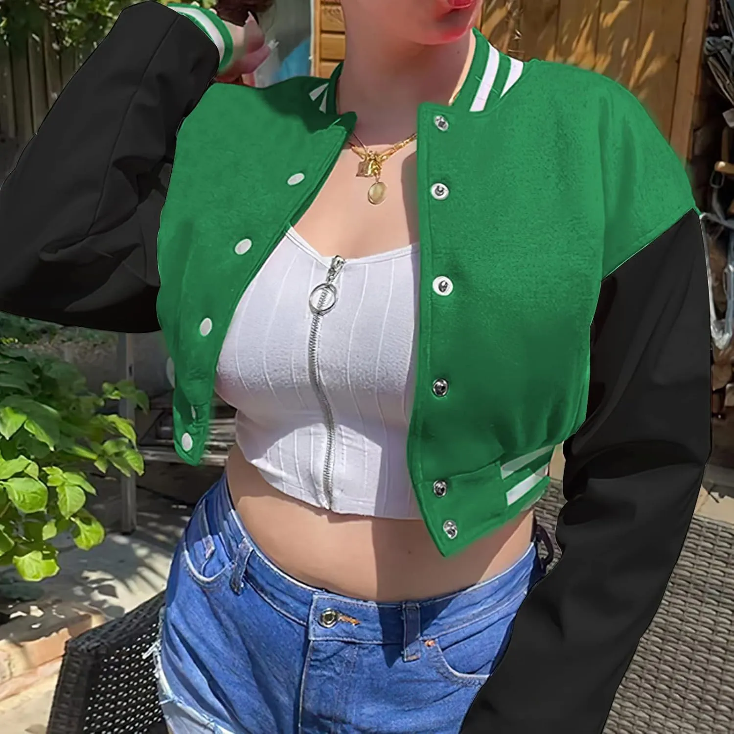 Xaspee Women's Casual Baseball Jacket Faux Leather Colorblock Button Crop Bomber Jacket