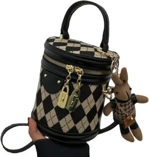 XPONNI Womens Pu Shoulder Bag with Plushle Pendants Top Handle Handbag Cute Mini Crossbody Purse Bucket Bag