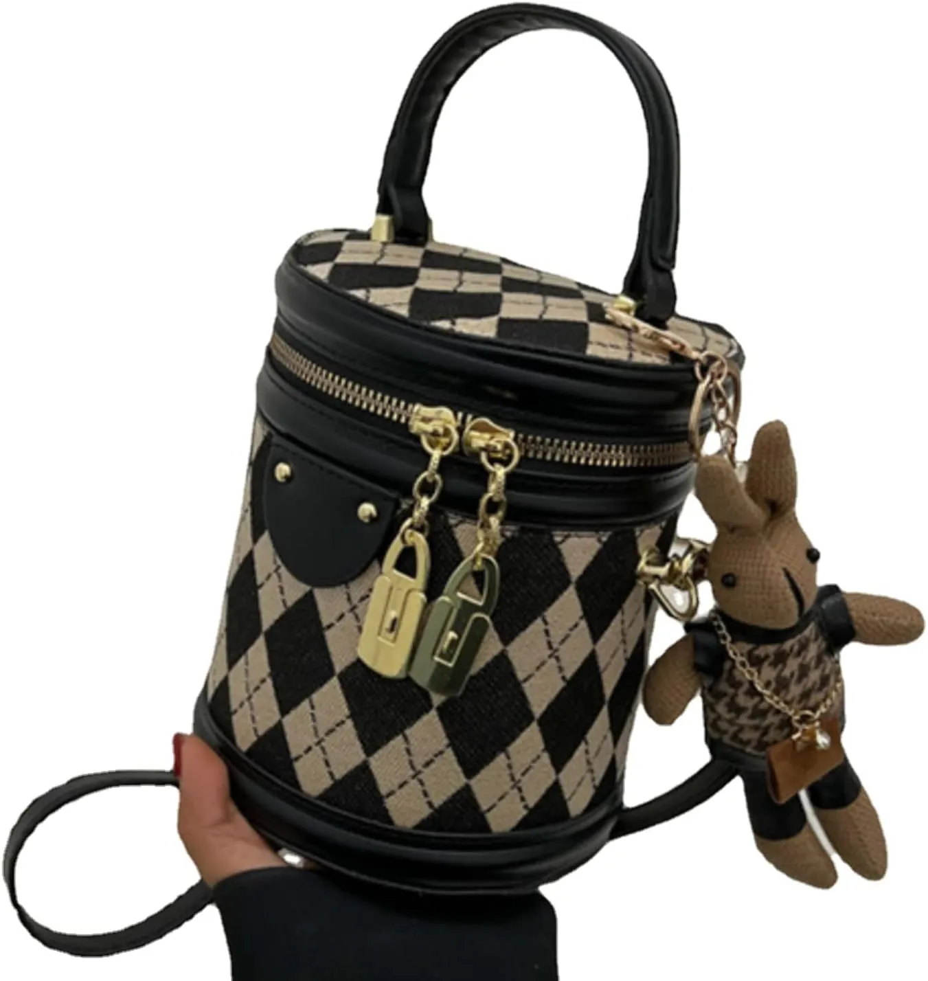 XPONNI Womens Pu Shoulder Bag with Plushle Pendants Top Handle Handbag Cute Mini Crossbody Purse Bucket Bag