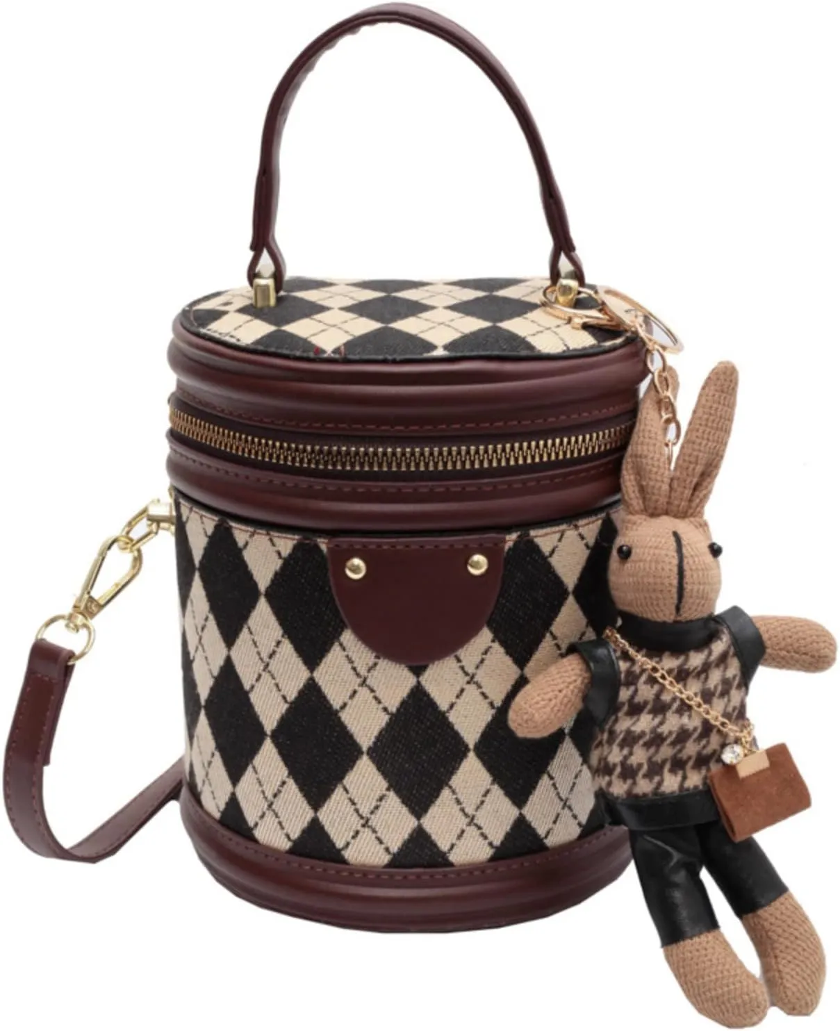 XPONNI Womens Pu Shoulder Bag with Plushle Pendants Top Handle Handbag Cute Mini Crossbody Purse Bucket Bag