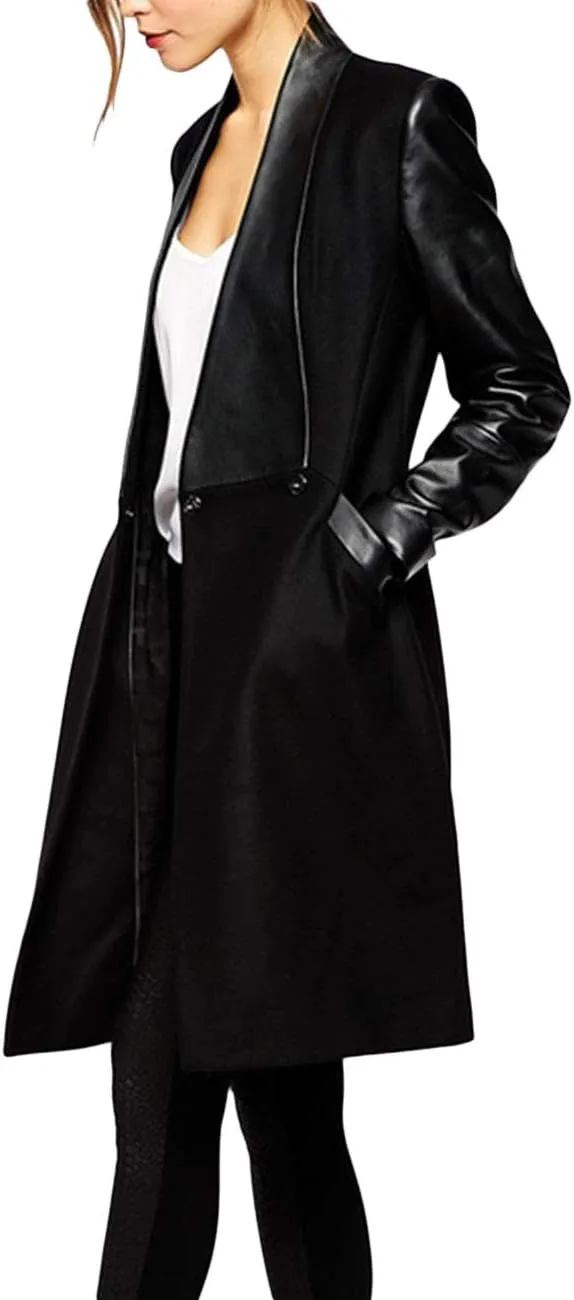 xxxiticat Women's Double Breasted Faux Leather PU Coat Patchwork Splice Lapel Panel Trench Woolen Jacket Cardigan