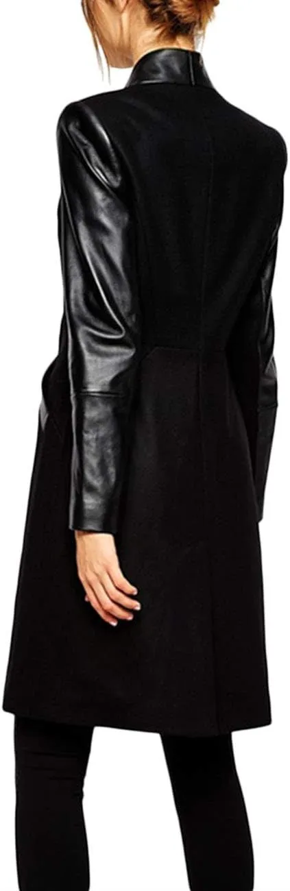 xxxiticat Women's Double Breasted Faux Leather PU Coat Patchwork Splice Lapel Panel Trench Woolen Jacket Cardigan