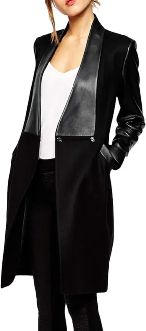 xxxiticat Women's Double Breasted Faux Leather PU Coat Patchwork Splice Lapel Panel Trench Woolen Jacket Cardigan