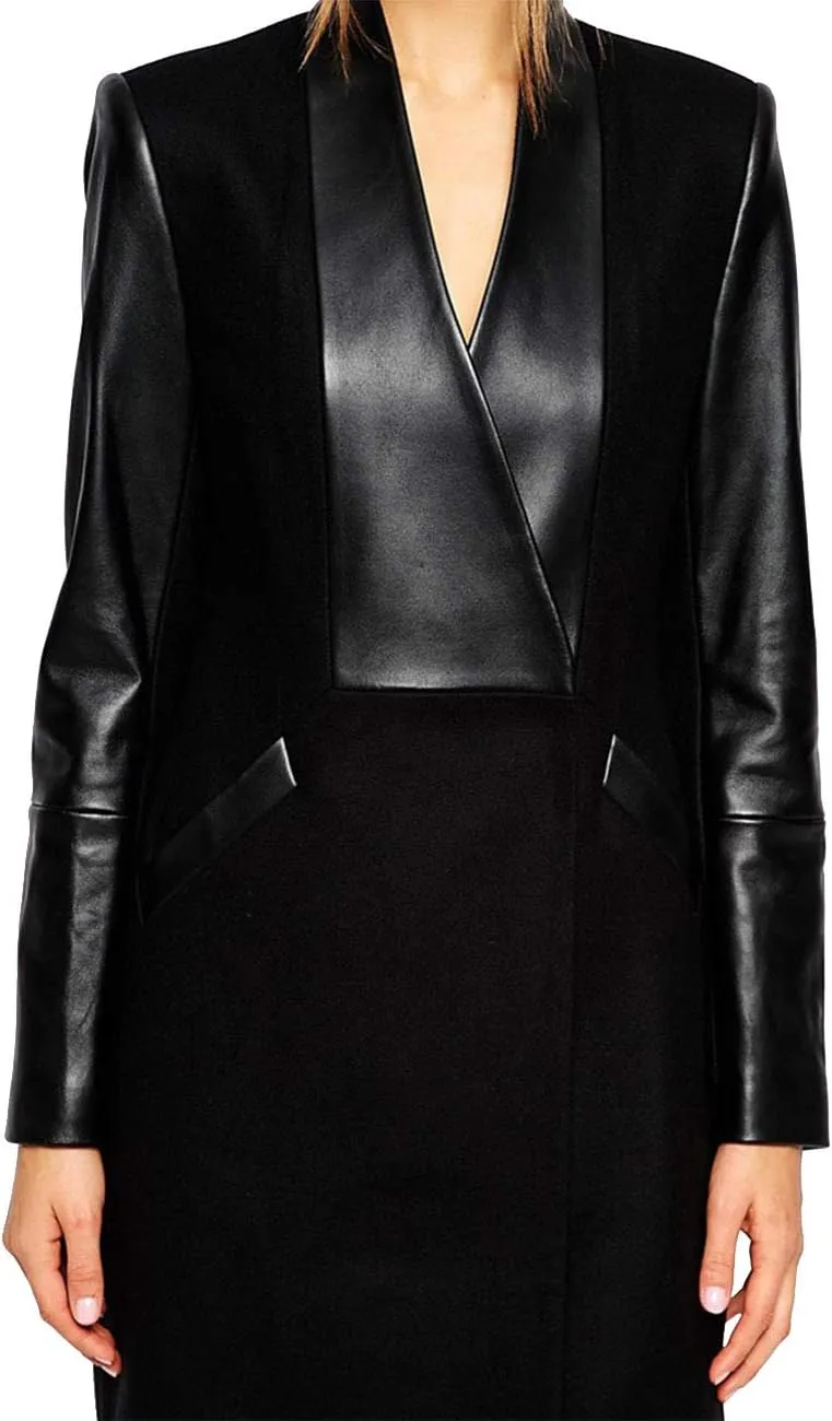 xxxiticat Women's Double Breasted Faux Leather PU Coat Patchwork Splice Lapel Panel Trench Woolen Jacket Cardigan
