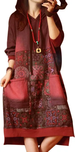 YESNO JCJ Women Casual Loose Ethnic Floral Hoodies Sweatshirts Jackets Long Sleeve/Pockets JCJ (One Size JCJTYP4 Red)