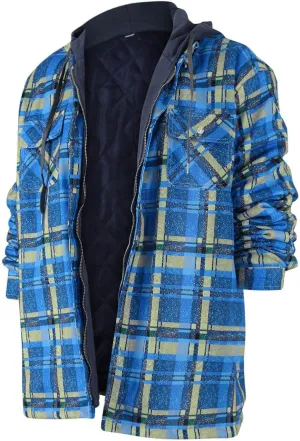 Ymosrh Hoodies for Men Quilted Lined Button Down Plaid Shirt Add Velvet to Keep Warm Jacket with Hood Mens Jackets