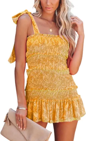 yoeasy Women Spaghetti Floral Print Tiered Tie Slim Fit Short Dresses Summer Sleeveless Ruffle Smocked Mini Dress