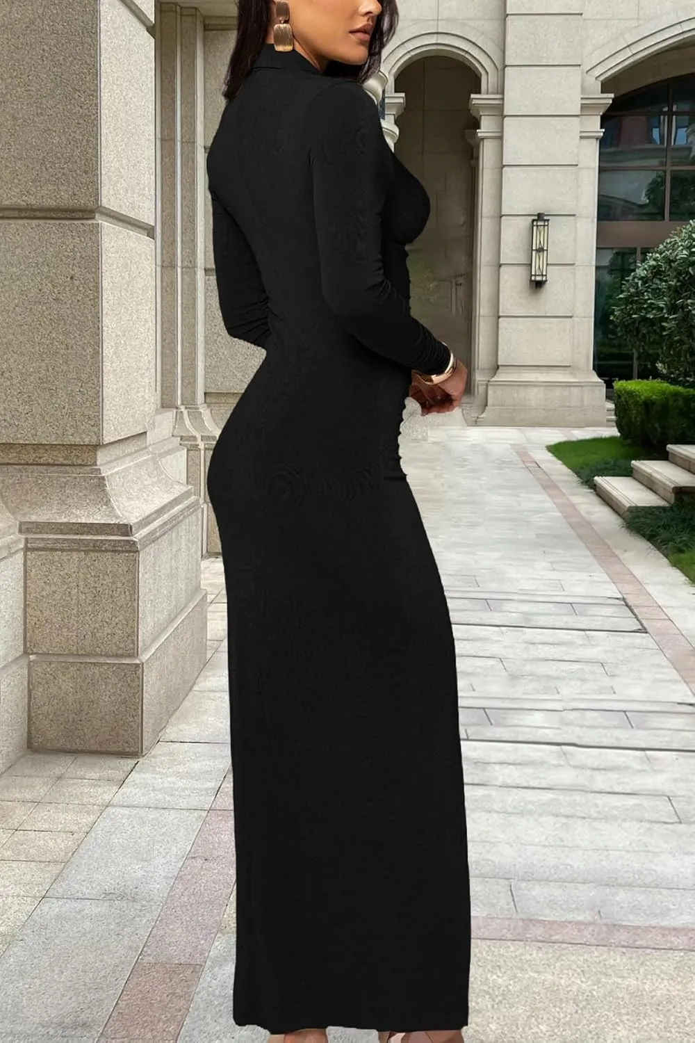YouSexy Women's Sexy Button Down Ruched Stretchy Maxi Dress Long Sleeve Party Club Long Dresses