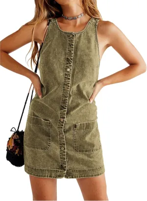 Yousify Womens Casual Sleeveless Denim Overalls Dresses Button Down Summer Jean Mini Dress 2025 Trendy Romper With Pockets