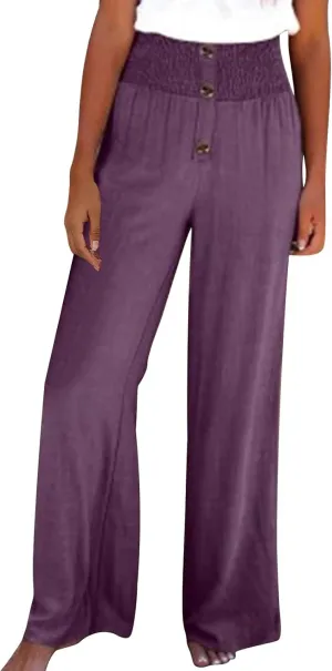 YRAETENM Women Linen Palazzo Pants Summer High Elastic Waisted Wide Leg Pants Casual Lounge Pants Beach Vacation Trousers