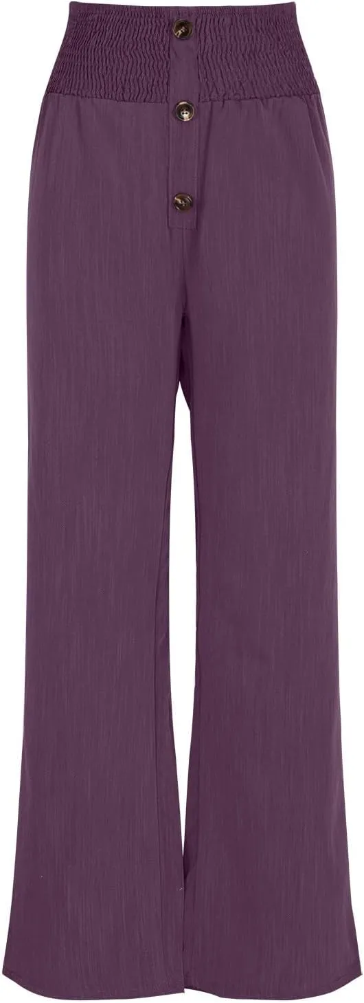 YRAETENM Women Linen Palazzo Pants Summer High Elastic Waisted Wide Leg Pants Casual Lounge Pants Beach Vacation Trousers