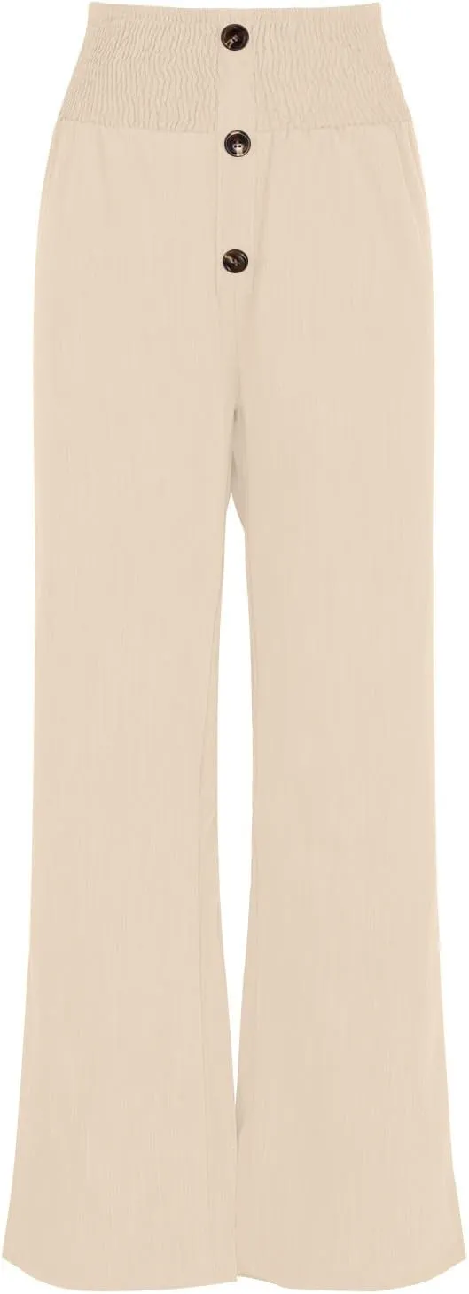 YRAETENM Women Linen Palazzo Pants Summer High Elastic Waisted Wide Leg Pants Casual Lounge Pants Beach Vacation Trousers