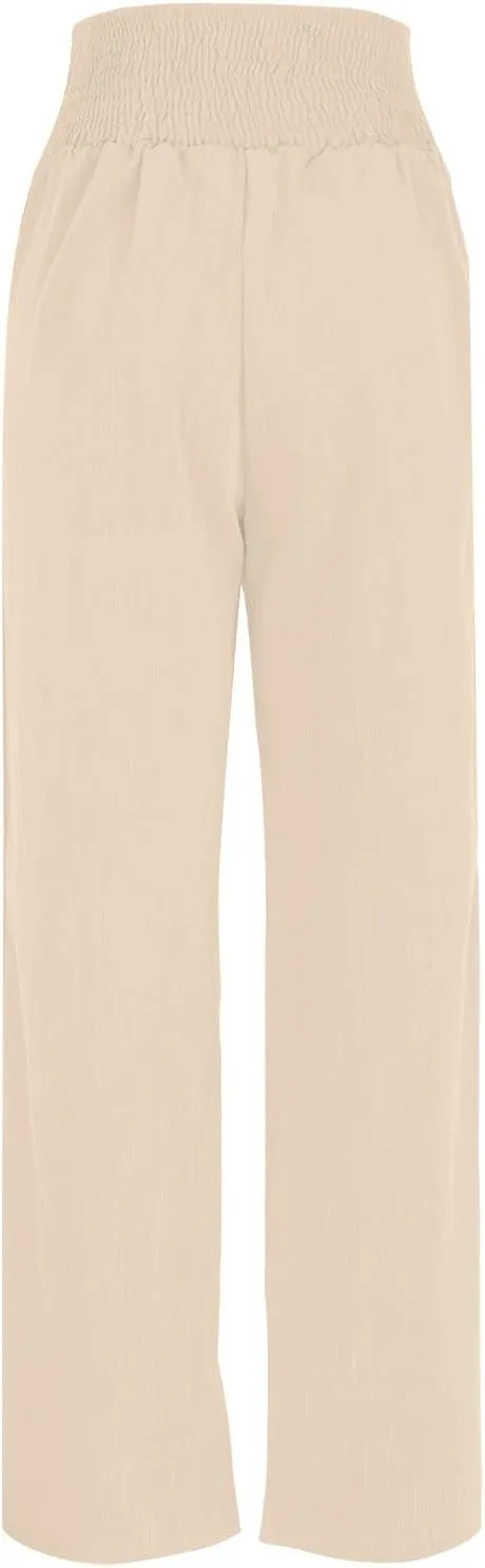 YRAETENM Women Linen Palazzo Pants Summer High Elastic Waisted Wide Leg Pants Casual Lounge Pants Beach Vacation Trousers