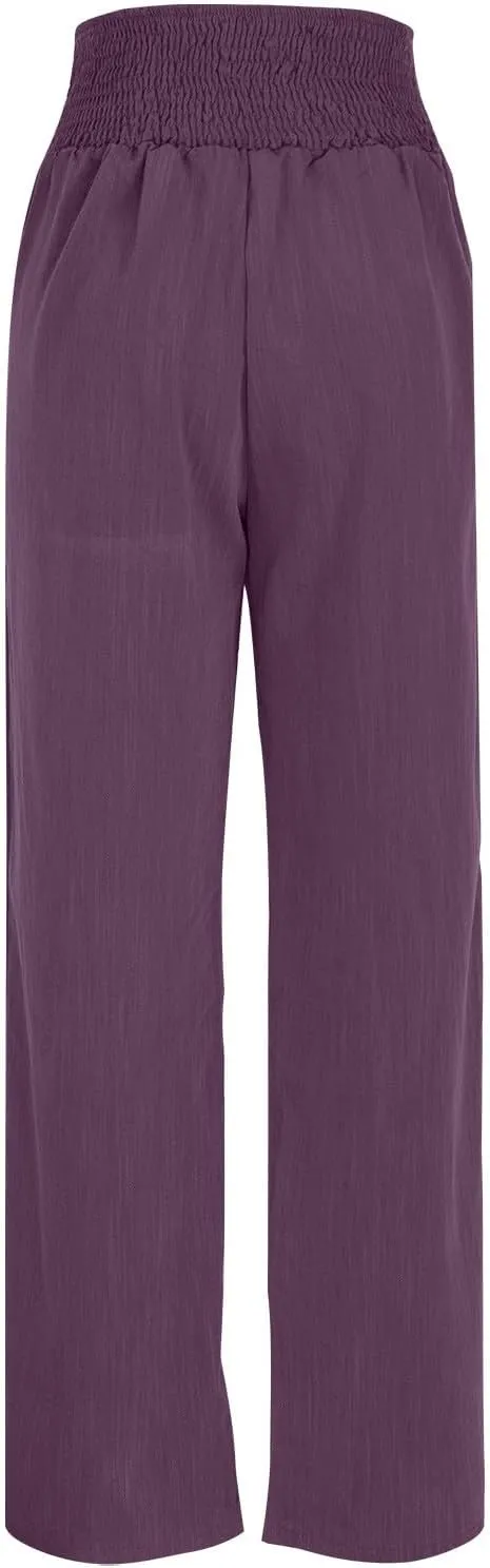 YRAETENM Women Linen Palazzo Pants Summer High Elastic Waisted Wide Leg Pants Casual Lounge Pants Beach Vacation Trousers