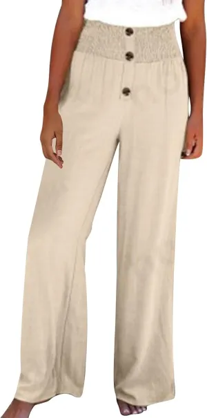 YRAETENM Women Linen Palazzo Pants Summer High Elastic Waisted Wide Leg Pants Casual Lounge Pants Beach Vacation Trousers