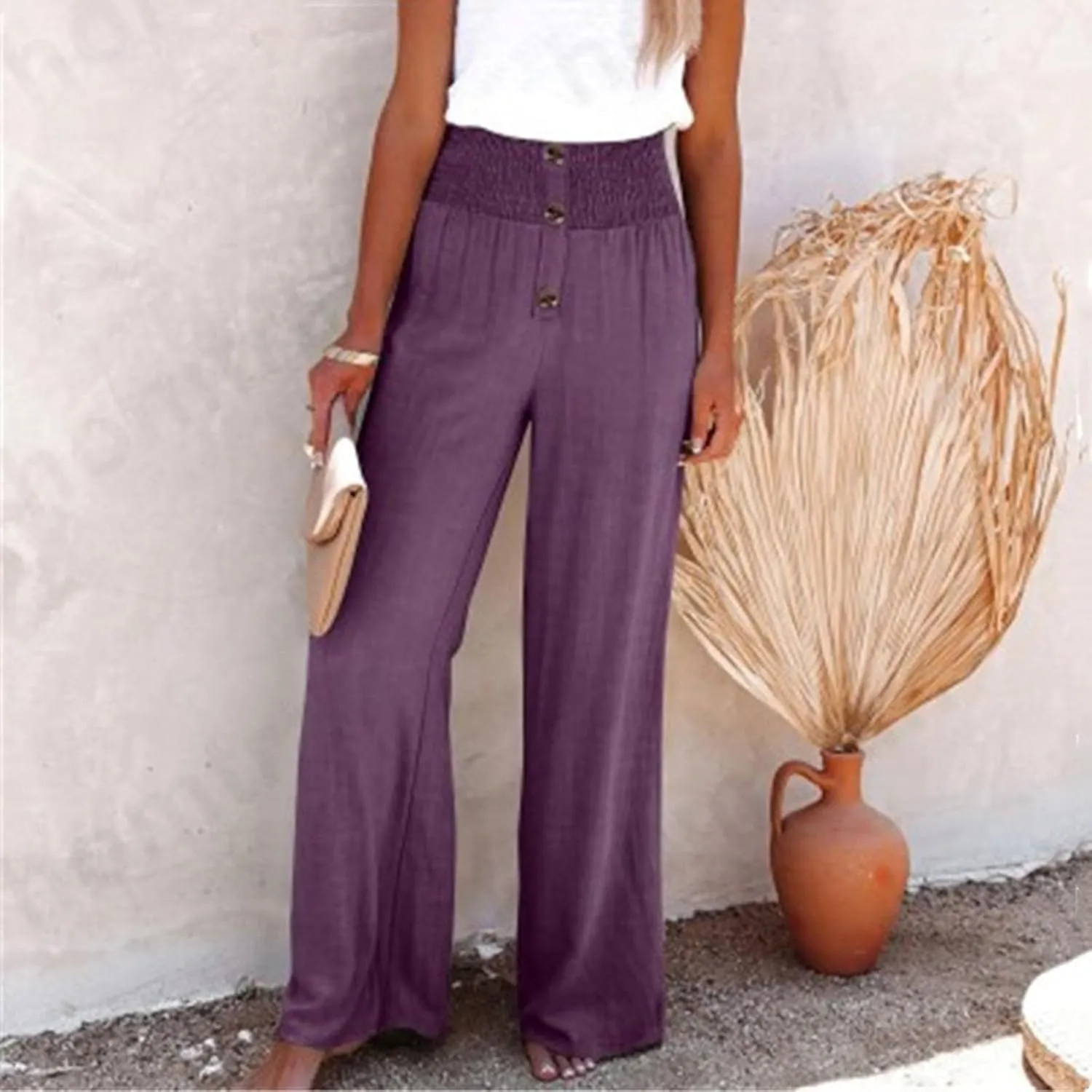 YRAETENM Women Linen Palazzo Pants Summer High Elastic Waisted Wide Leg Pants Casual Lounge Pants Beach Vacation Trousers